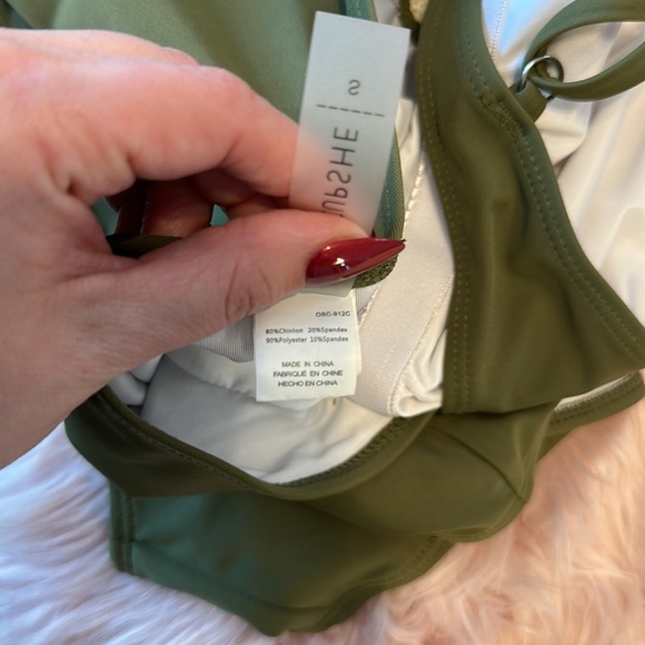 Cupshe Olive Sage Green Crotchet Criss Cross Backless Sexy One Piece Swimsuit - Picture 8 of 11